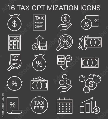 Tax optimization icon dark or night mode set. Simple symbols of financial