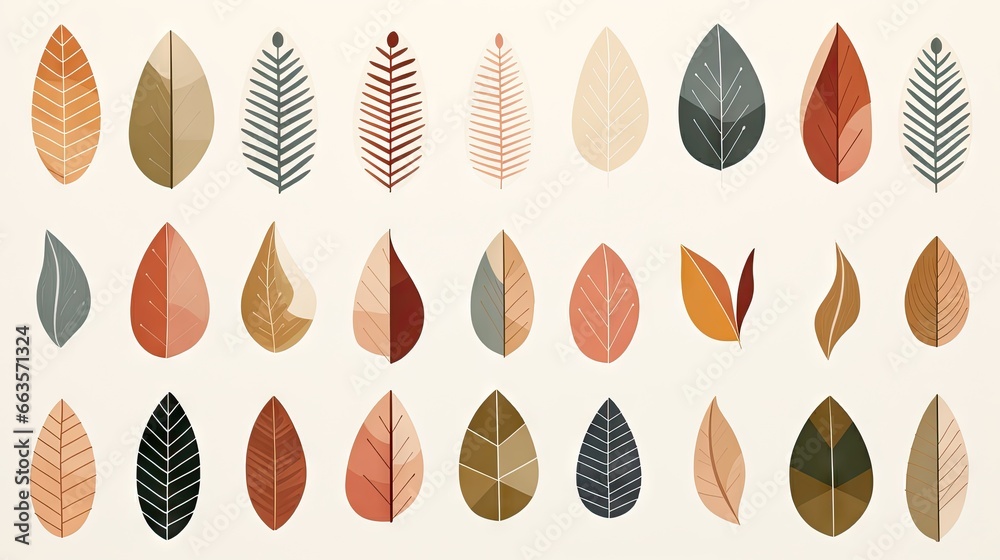 Fototapeta premium Minimalist assorted vibrant leaves in various hues, forming a captivating wallpaper pattern.