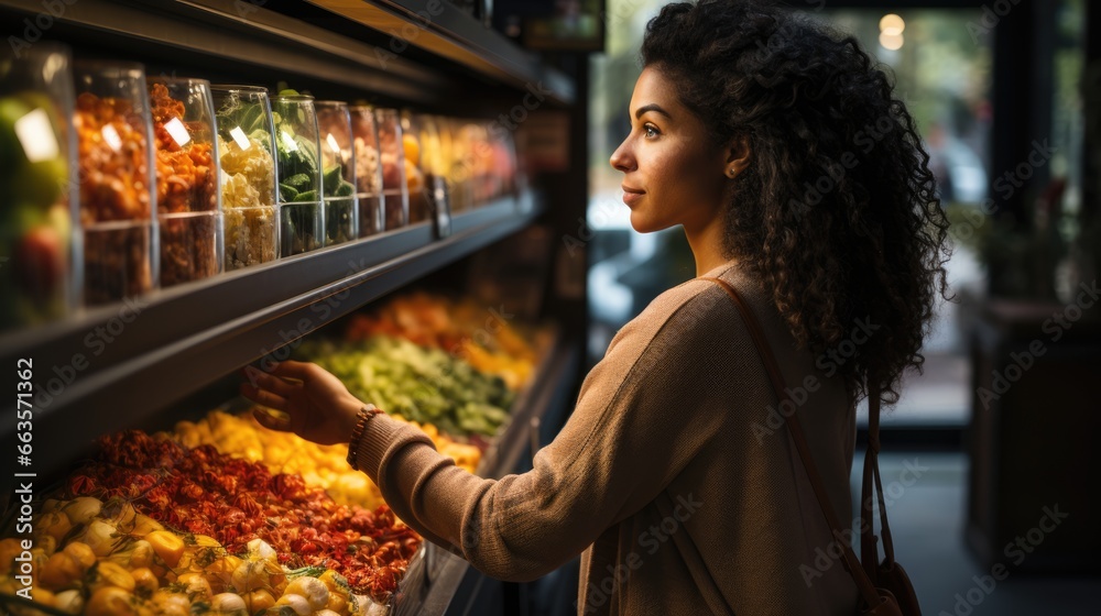 In a store, a black woman selects groceries from a well-stocked shelf, considering her choices