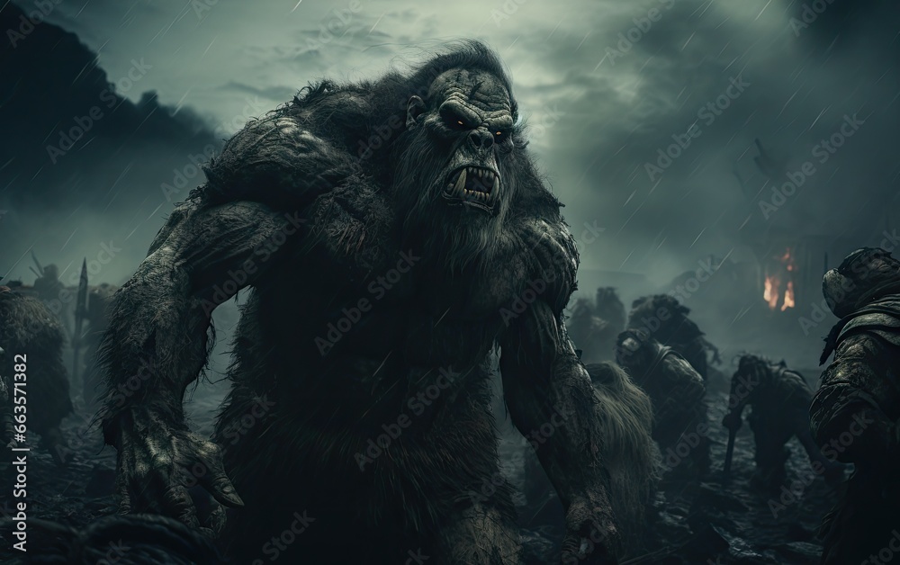 In a realm of fantasy monsters, warriors confronts monsters in the darkness In a realm of fantasy monsters, warriors confronts monsters in the darkness