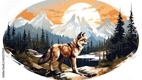 majestic gray wolf stands top a rugged mountain peak,overlooking a breathtaking wilderness landscape