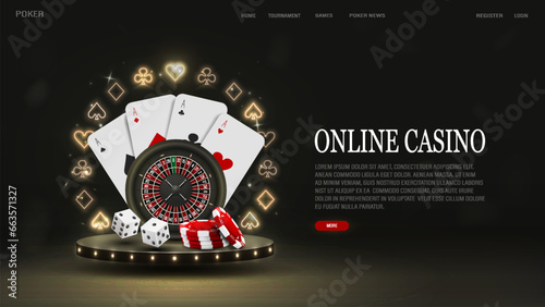 A web banner with 3d roulette for casinos, poker cards, dice and chips on the podium with a bright neon frame of the suits of spades, diamonds, hearts and crosses in black and gold with text.