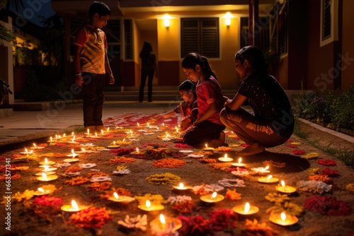 Indian mother and children light diyas for Diwali celebration. photo