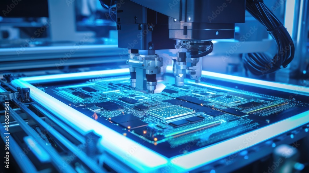 Fototapeta premium Cutting-edge equipment in a microchip factory creating electronic components, the production chain