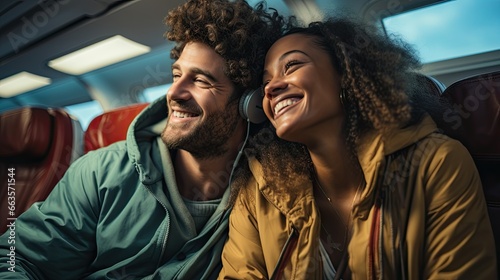 Diverse couple,sitting in a car,wearing smiles of contentment as they enjoy a happy moment together