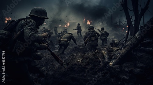 Armed soldiers amidst dense forest, engulfed in smoke, engaged in warfare. photo