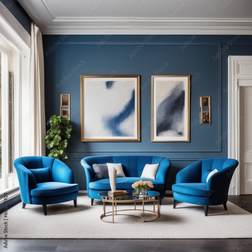 Fototapeta premium A blue sofa and armchair lie on a rug by the window, and there are art frames on the white walls. modern living room, Generative AI