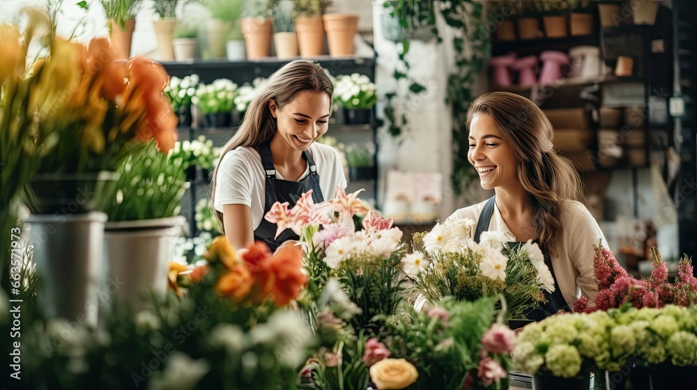 A young woman gardener joyfully tends to flowers in a shop, wearing a bright smile as she works .
