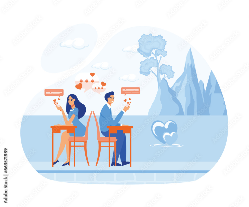 Young man and woman hold phone and write messages. flat vector modern illustration 