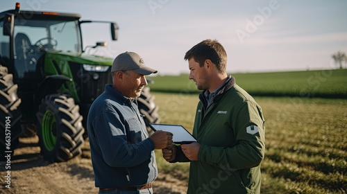 Agricultural engineer utilizing tablet technology while working in a field photo