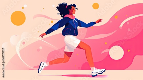 Active woman in yellow jacket and white sneakers running through,minimal designs,colorful background
