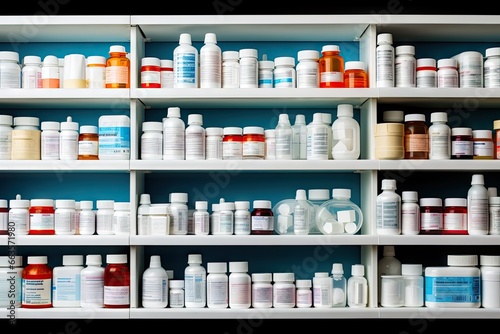 A well-stocked medicine shelf displaying a diverse range of pharmaceuticals for various health needs