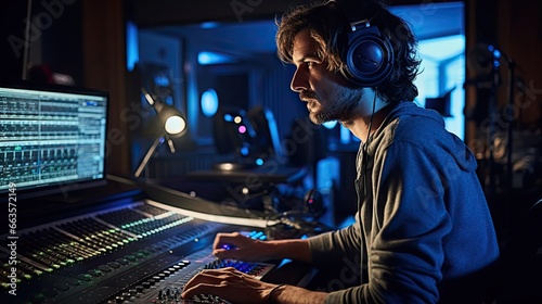 A music producer in headphones works in a recording studio, surrounded by equipment photo