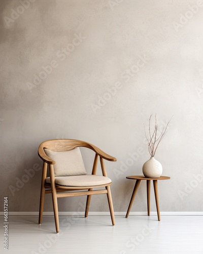 A minimalistic arrangement with a chair and plant placed in front of a wall, serene ambiance