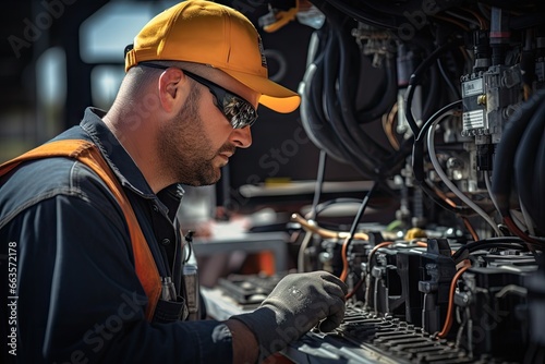 A man wearing an orange shirt and yellow hard hat,engaged in the maintenance of a substantial engine