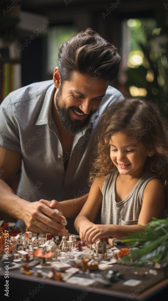 A father and his daughter work on a school project, creating a flower arrangement together