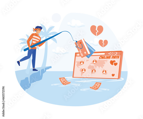 Online dating scam. Masked thief. Man internet predator. Thief, cyber bandit steal credit card. flat vector modern illustration 
