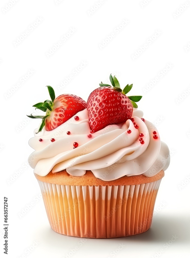 Cupcake with cream and strawberry on a white background. Cupcake with cream and strawberry on a white background.