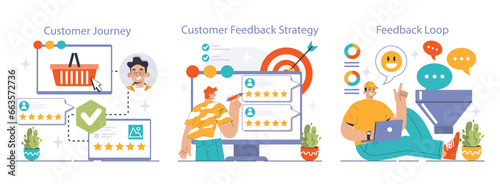 Customer feedback set. Consumer reviews public exchange. Sharing