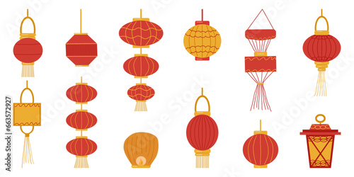 Chinese lanterns set. Design poster, banner, flyer. Chinese New Year. Vector illustration.