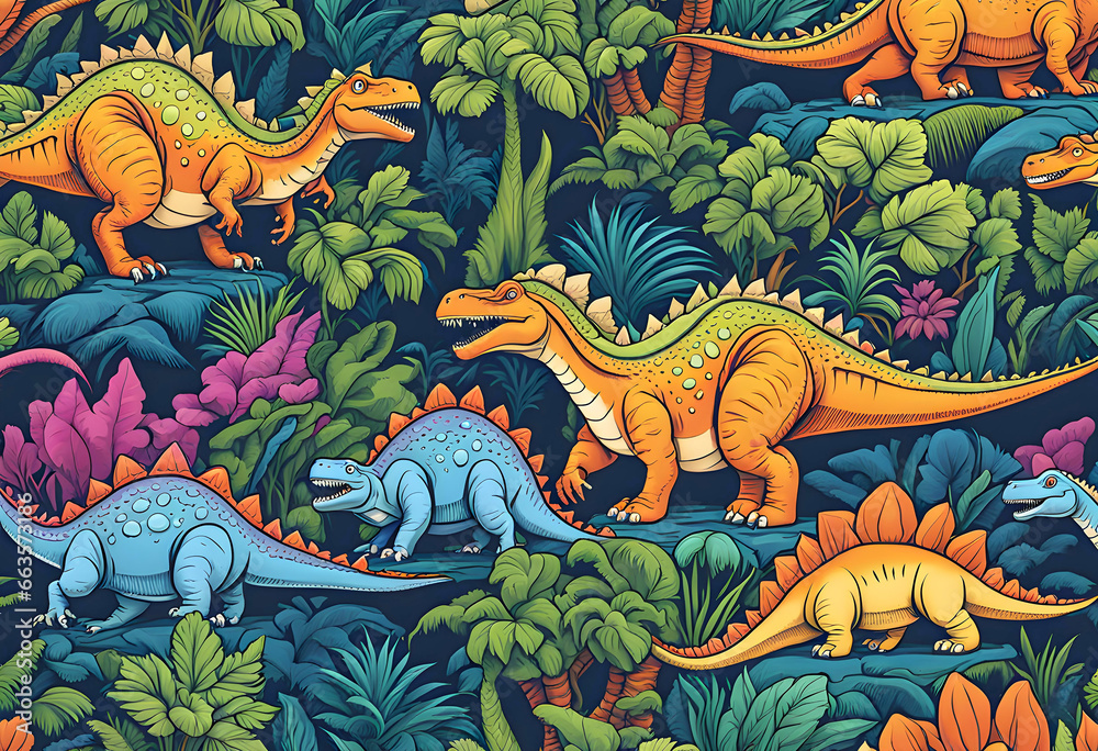Obraz premium Themed line art doodle color cartoon drawing dinosaurs, Very cute