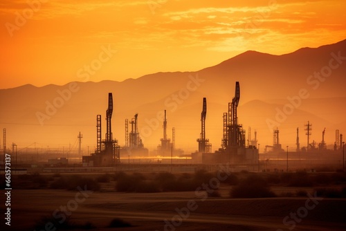 Sunset silhouette of oil rigs in desert with hazy mountains in backdrop. Generative AI