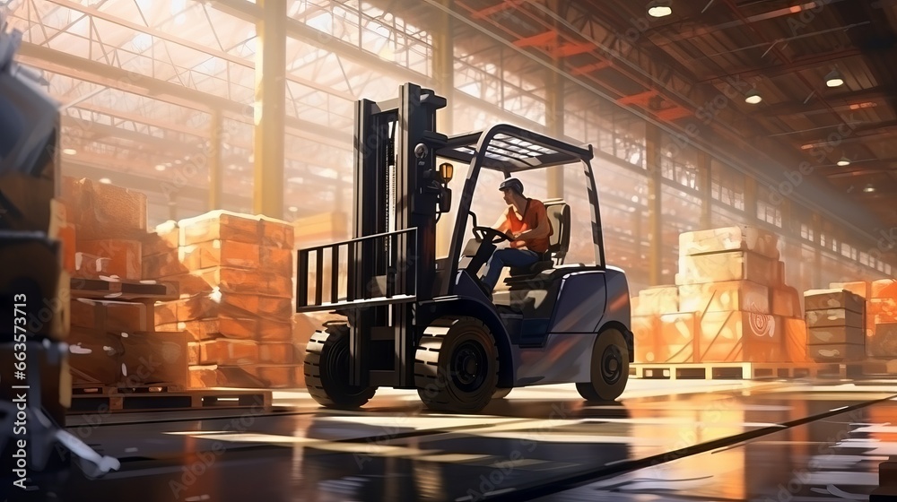 A forklift in a warehouse moving goods. Generative AI. A forklift in a warehouse moving goods. Generative AI.