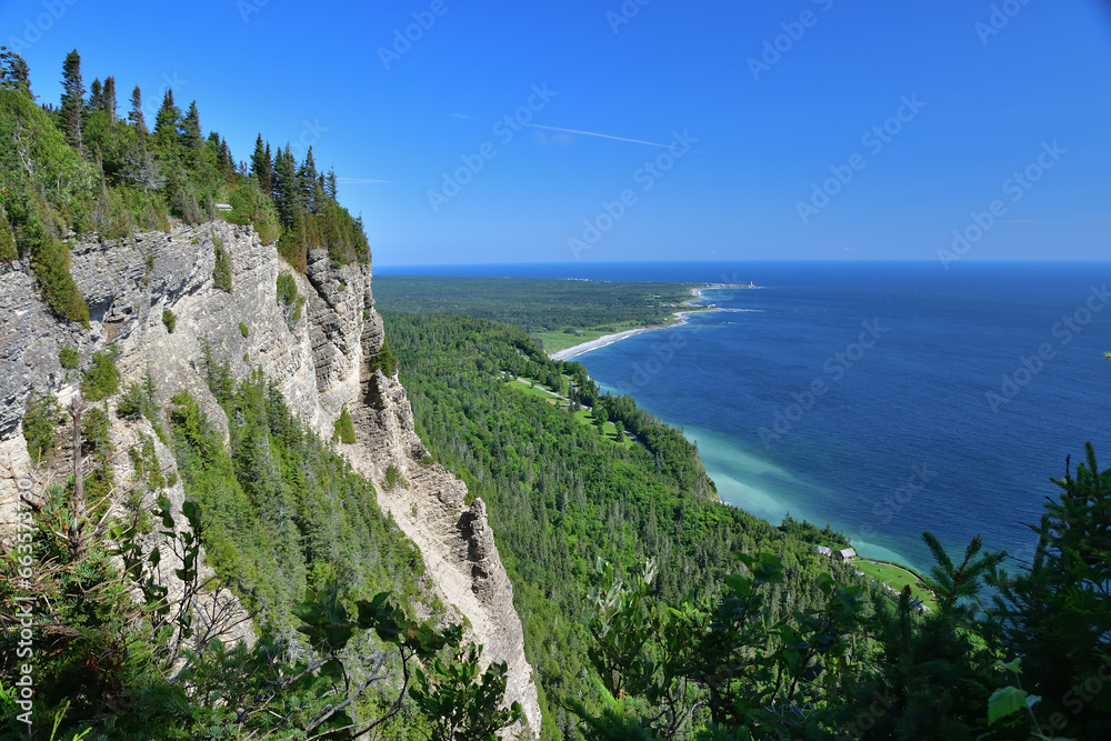 Eastern canadian landscape Forillon national park cap bon ami area. Where mountains cliff meets sea. Saint-Lawrence gulf. Gaspesie seascape.