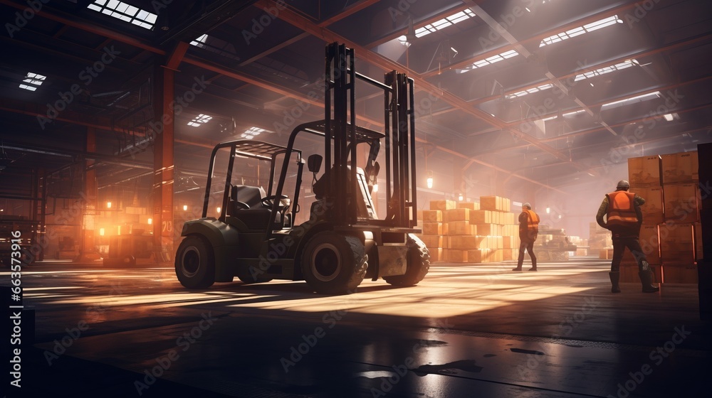A forklift in a warehouse moving goods. Generative AI. A forklift in a warehouse moving goods. Generative AI.