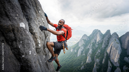 African american climber climbing a mountain, extreme sports and beautiful landscape with copyspace, rock, black, hd