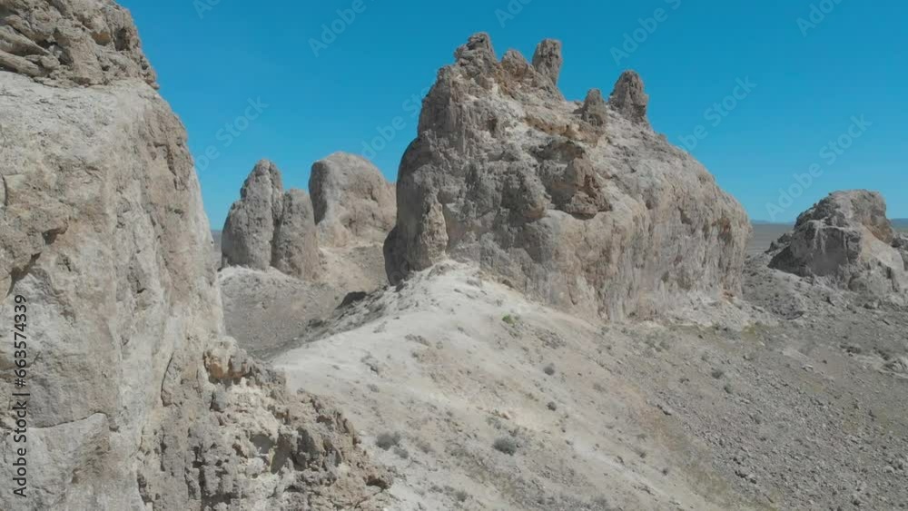 Drone flying betreen the rocks of the trona pinnacles in the california desert at sunrise 4k Drone flying betreen the rocks of the trona pinnacles in the california desert at sunrise 4k