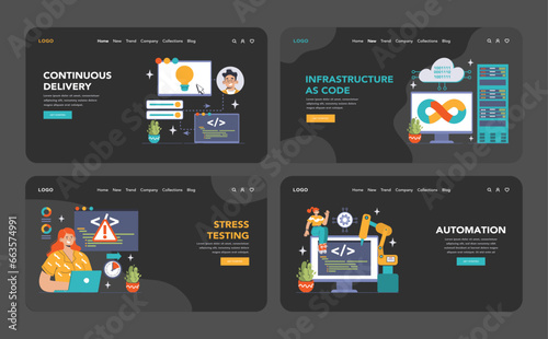 DevOps web banner or landing page dark or night mode set.
