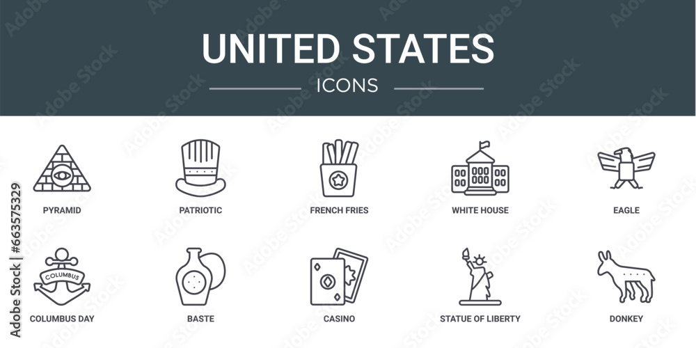 set of 10 outline web united states icons such as pyramid, patriotic, french fries, white house, eagle, columbus day, baste vector icons for report, presentation, diagram, web design, mobile app
