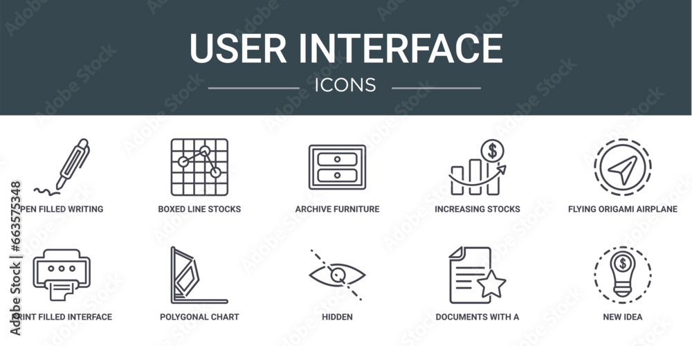 set of 10 outline web user interface icons such as pen filled writing tool, boxed line stocks, archive furniture of two drawers, increasing stocks, flying origami airplane, print filled interface