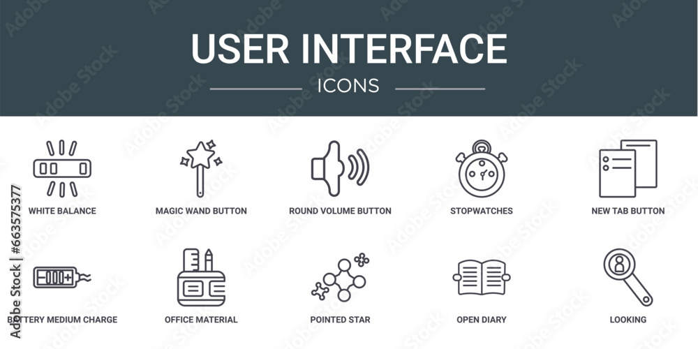 set of 10 outline web user interface icons such as white balance, magic wand button, round volume button, stopwatches, new tab button, battery medium charge, office material vector icons for report,