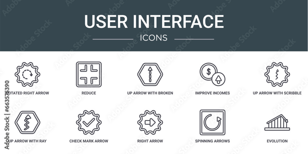 set of 10 outline web user interface icons such as rotated right arrow with broken line, reduce, up arrow with broken lines, improve incomes, up arrow with scribble, up ray tracing, check mark