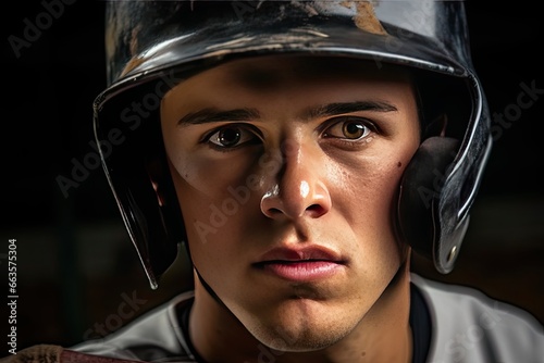 Baseball player with dirt on face, red helmet, holding a bat, with raindrops around. Intense sports moment.