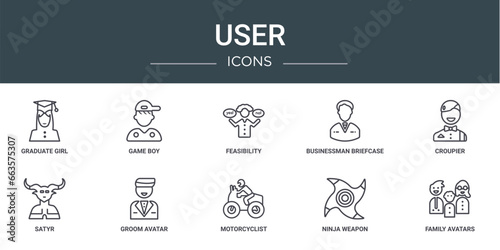 set of 10 outline web user icons such as graduate girl, game boy, feasibility, businessman briefcase, croupier, satyr, groom avatar vector icons for report, presentation, diagram, web design, mobile