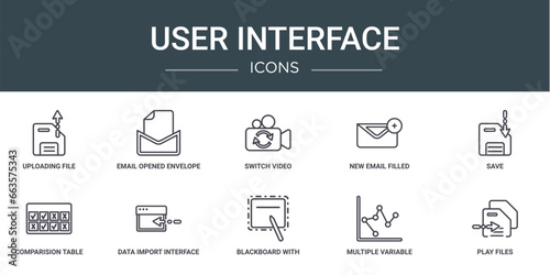 set of 10 outline web user interface icons such as uploading file, email opened envelope, switch video, new email filled envelope, save, comparision table, data import interface vector icons for