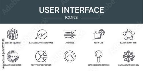 set of 10 outline web user interface icons such as cube of squares, data analytics interface of connected circles, justified, add a like, radar chart with pentagon, loading indicator, footprints