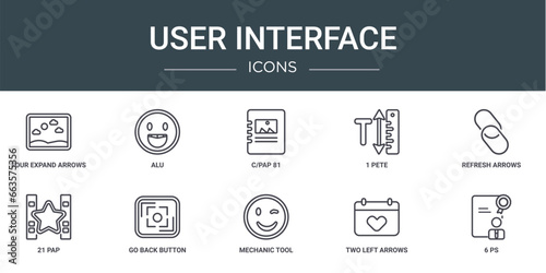 set of 10 outline web user interface icons such as four expand arrows, alu, c/pap 81, 1 pete, refresh arrows, 21 pap, go back button vector icons for report, presentation, diagram, web design, © Digital Bazaar