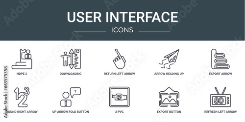 set of 10 outline web user interface icons such as hdpe 2, downloading, return left arrow, arrow heading up, export arrow, round right up fold button vector icons for report, presentation, diagram,