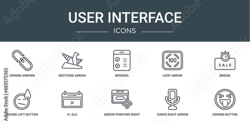 set of 10 outline web user interface icons such as expand arrows, sketched arrow, bending, loop arrow, bridge, round left button, 41 alu vector icons for report, presentation, diagram, web design,