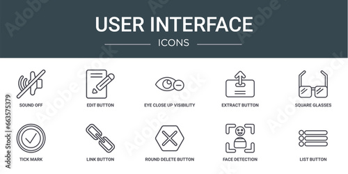 set of 10 outline web user interface icons such as sound off, edit button, eye close up visibility button, extract button, square glasses, tick mark, link vector icons for report, presentation,