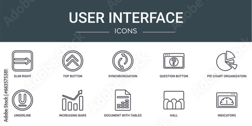 set of 10 outline web user interface icons such as slim right, top button, synchronisation, question button, pie chart organization, underline, increasing bars graphic vector icons for report,