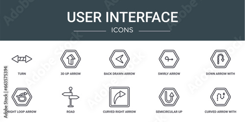 set of 10 outline web user interface icons such as turn, 3d up arrow, back drawn arrow, swirly arrow, down with broken lines, right loop road vector icons for report, presentation, diagram, web