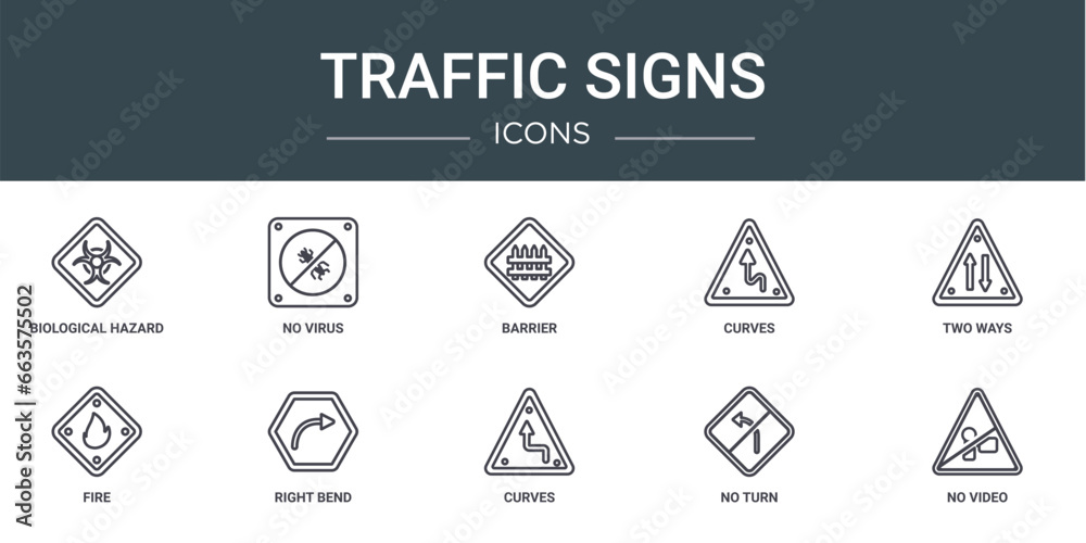 set of 10 outline web traffic signs icons such as biological hazard, no virus, barrier, curves, two ways, fire, right bend vector icons for report, presentation, diagram, web design, mobile app