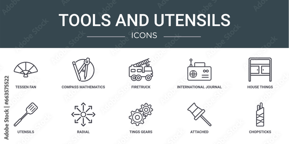 set of 10 outline web tools and utensils icons such as tessen fan, compass mathematics tool for drawing circles, firetruck, international journal by radio, house things, utensils, radial vector
