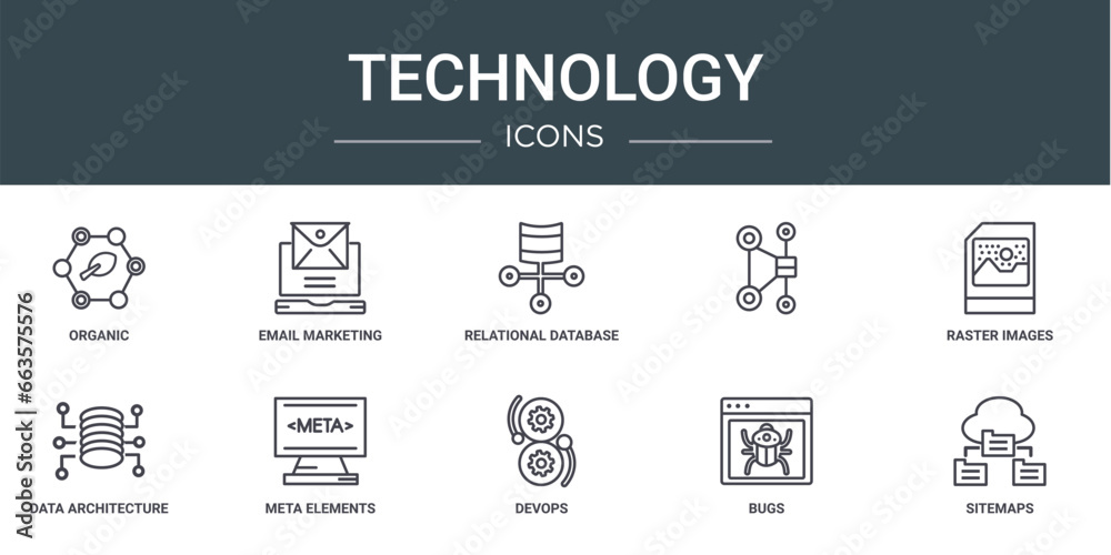 set of 10 outline web technology icons such as organic, email marketing, relational database management system, , raster images, data architecture, meta elements vector icons for report, - obrazy, fototapety, plakaty 