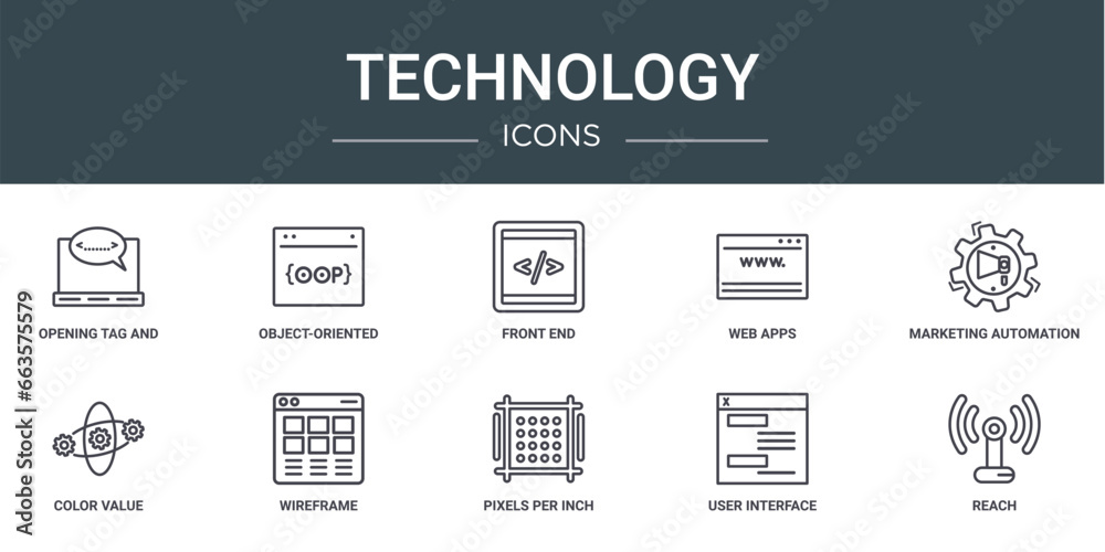 set of 10 outline web technology icons such as opening tag and closing tags, object-oriented programming, front end, web apps, marketing automation, color value, wireframe vector icons for report,